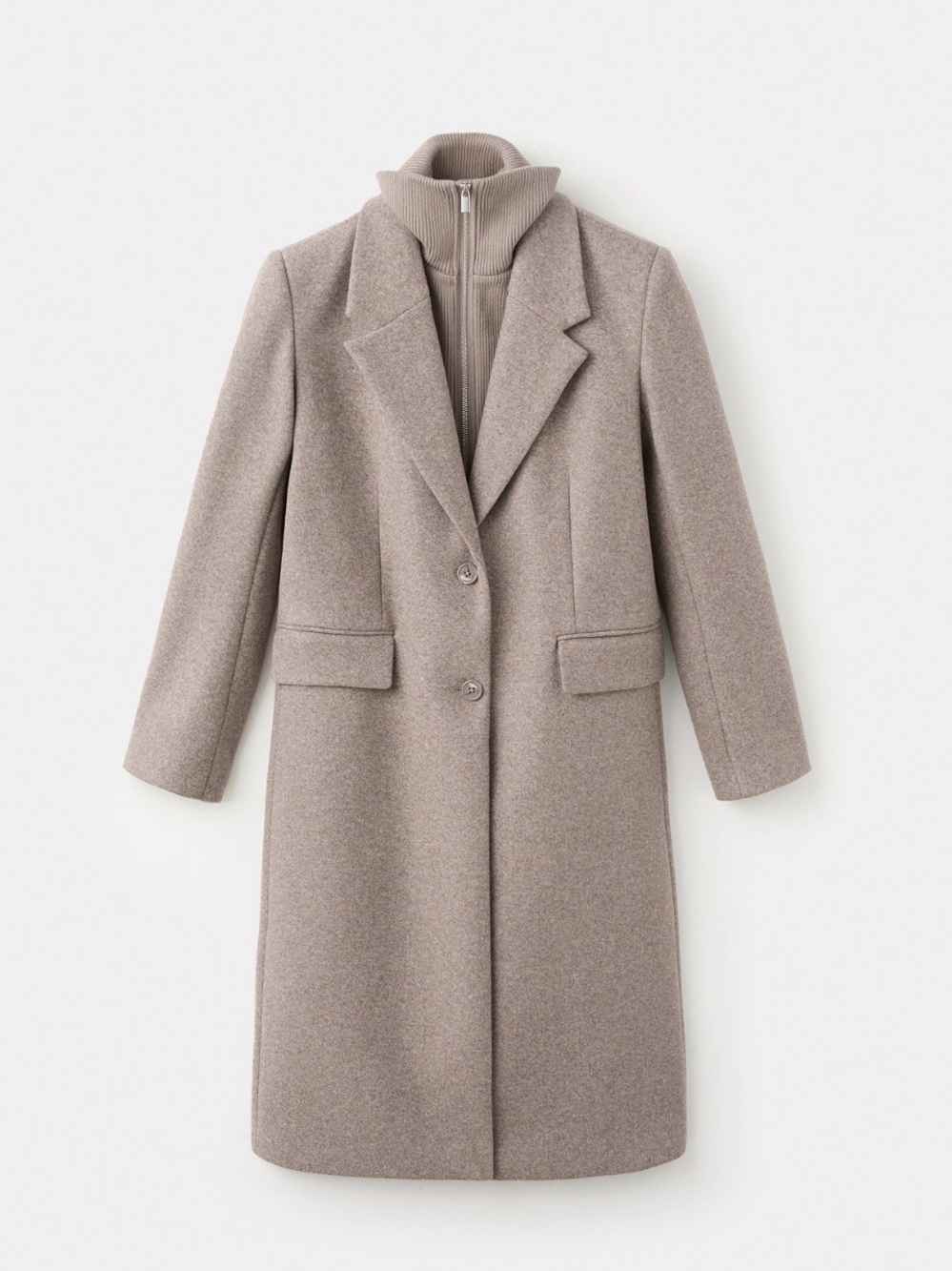Mango Taupe Long Wool-Blend Trench Coat with Zip Mock Collar